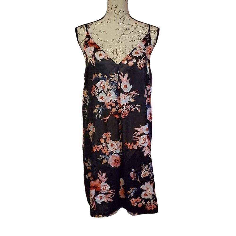 Soprano Women's Size Large Black Pink Spaghetti Cross Back Strap Satin Dress
